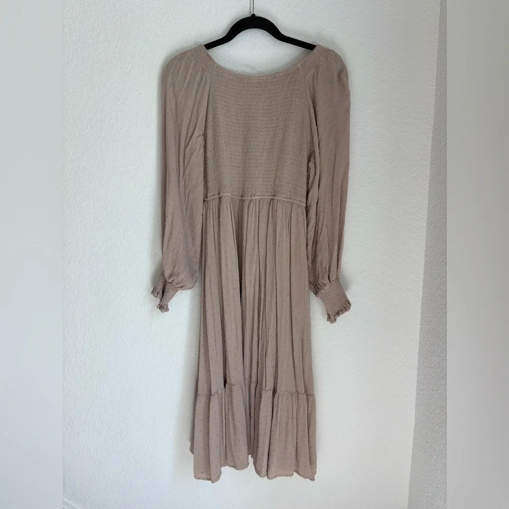 Baltic Born Lainey Smocked Swiss Dot Midi Dress Taupe Boho Long Sleeve Large - Picture 8 of 14